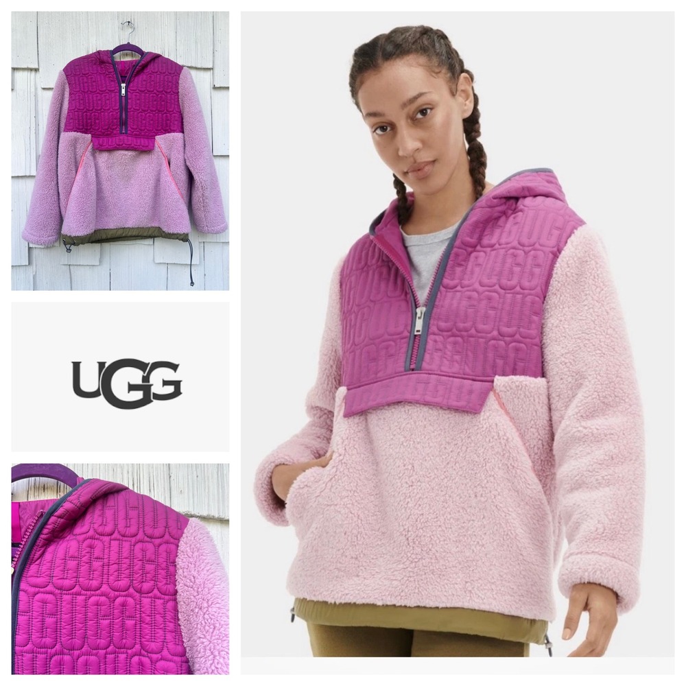 UGG Iggy Sherpa Half-Zip Pullover Pink Magenta Quilted Logo Hoodie 1117513 M